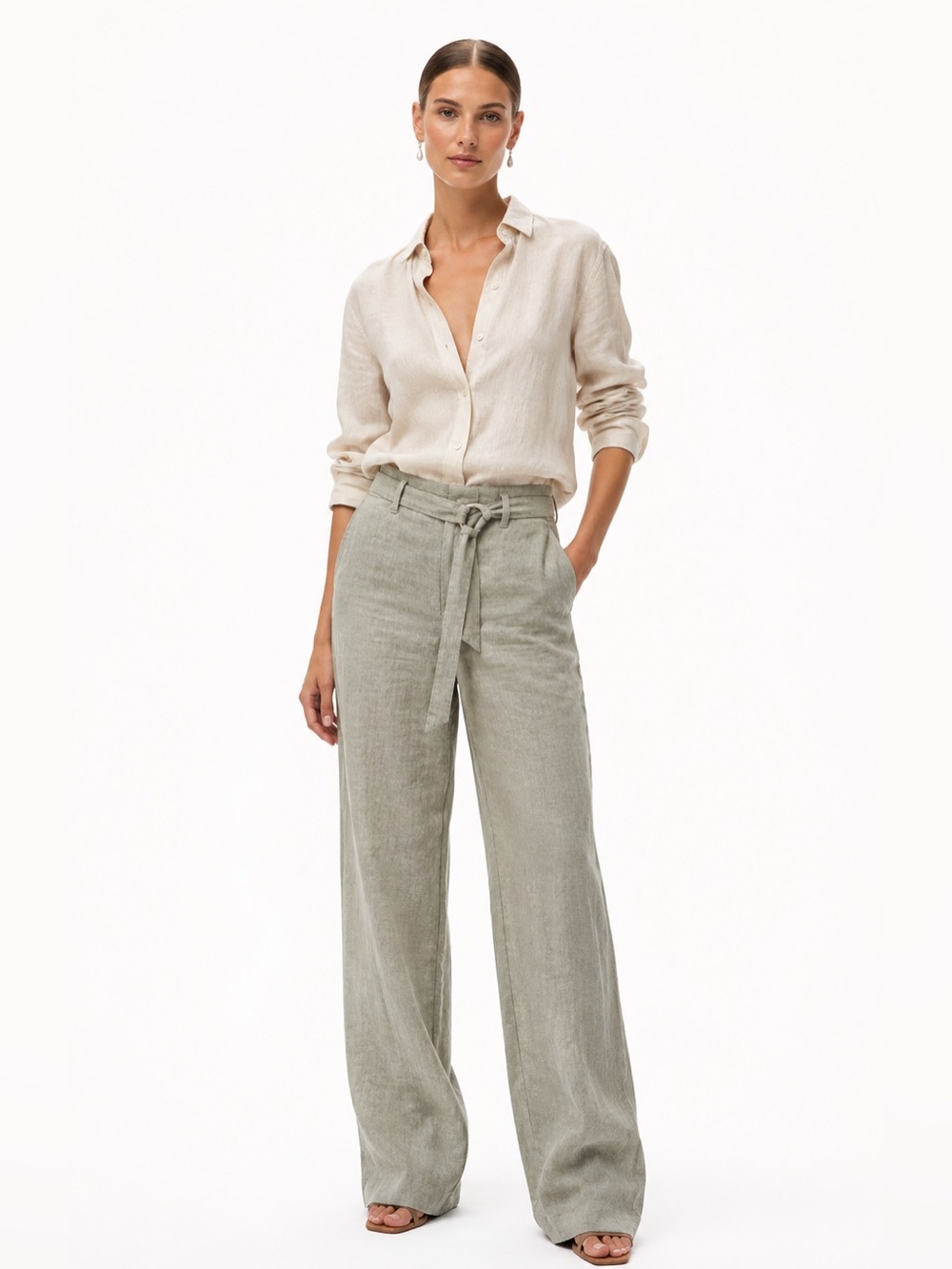 Brunello Cucinelli Linen Tie-Waist Wide-Leg Pants - light gray